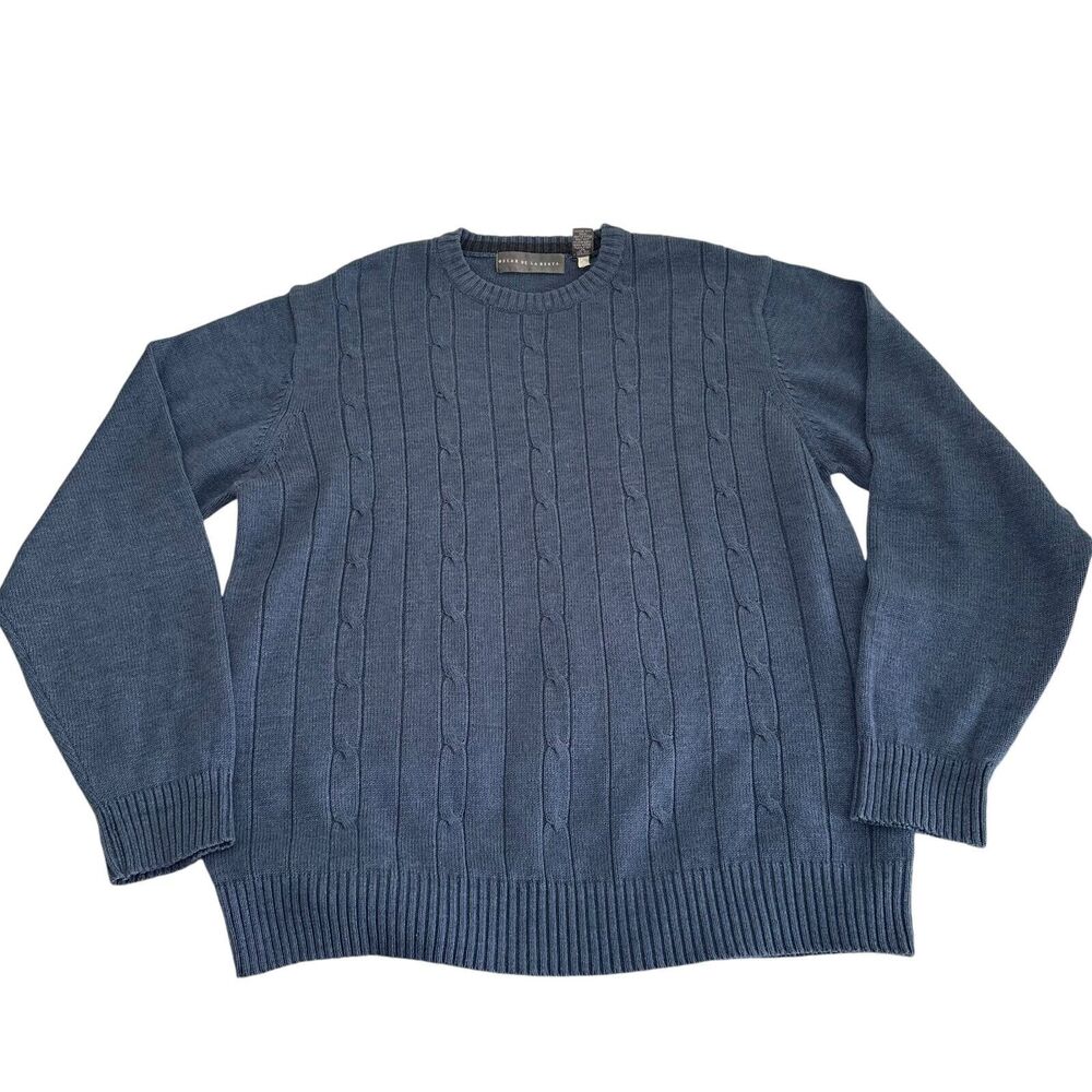 Oscar De La Renta Pullover Sweater Men Size Large Blue Cable Knit Preppy Causal